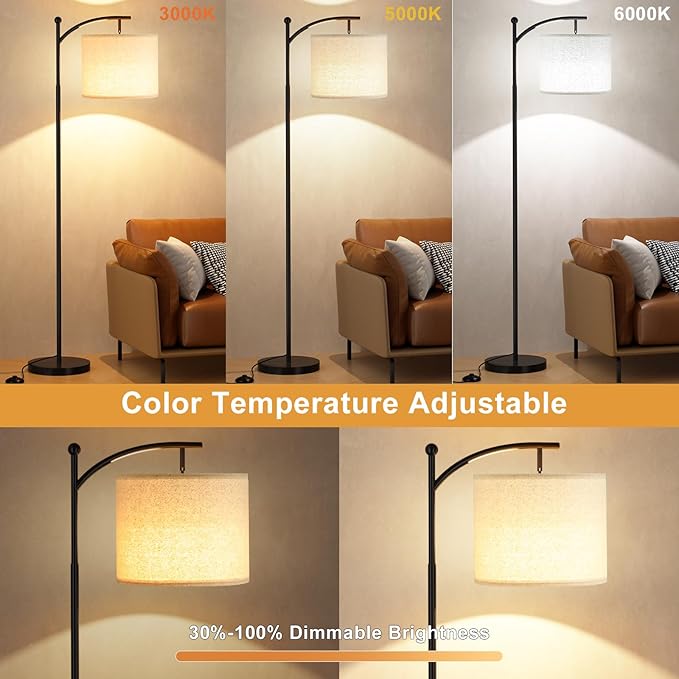 Ambimall Floor Lamp with Remote Control and Stepless Dimmable Bulb, Colors Temperature & Brightness Adjustable, Modern Floor Lamps for Living Room（Dark Beige Shade & Black Pole） - LeafyLoom