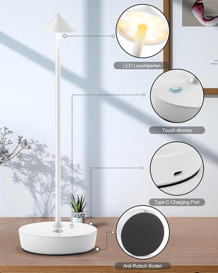 Cordless Table Lamps Rechargeable, 6000mAh Battery Operated LED Desk Lamp Outdoor Waterproof Portable Touch Dimmable Table Night Light for Patio Restaurant Dining Home White - LeafyLoom