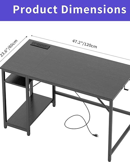 Computer Desk, 48 inches desk with 2 Shelves, Home Office Desk with USB/Type-C Charging Ports & Power Outlets, Study Table for Adults, Black - LeafyLoom