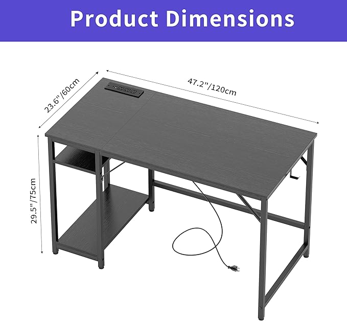 Computer Desk, 48 inches desk with 2 Shelves, Home Office Desk with USB/Type-C Charging Ports & Power Outlets, Study Table for Adults, Black - LeafyLoom