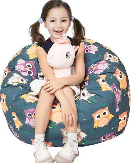 Stuffed Animal Storage Bean Bag Chair Cover, Hold Kids Plush Toys Blankets Towels Beanbag (Cover Only), Canvas Floor Circle Stuff Sit Seat Sofa with YKK Zipper, Large 32", Owl - LeafyLoom