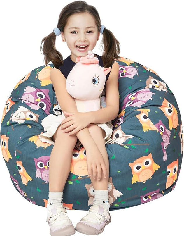 Stuffed Animal Storage Bean Bag Chair Cover, Hold Kids Plush Toys Blankets Towels Beanbag (Cover Only), Canvas Floor Circle Stuff Sit Seat Sofa with YKK Zipper, Large 32", Owl - LeafyLoom