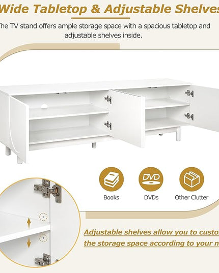 Merax Graceful TV Stand with Arch Cabinets for Televisions Up to 78'', Minimalist Entertainment Center with Solid Wood Legs and Adjustable Shelves, Practical Media Console for Living Room, White - LeafyLoom