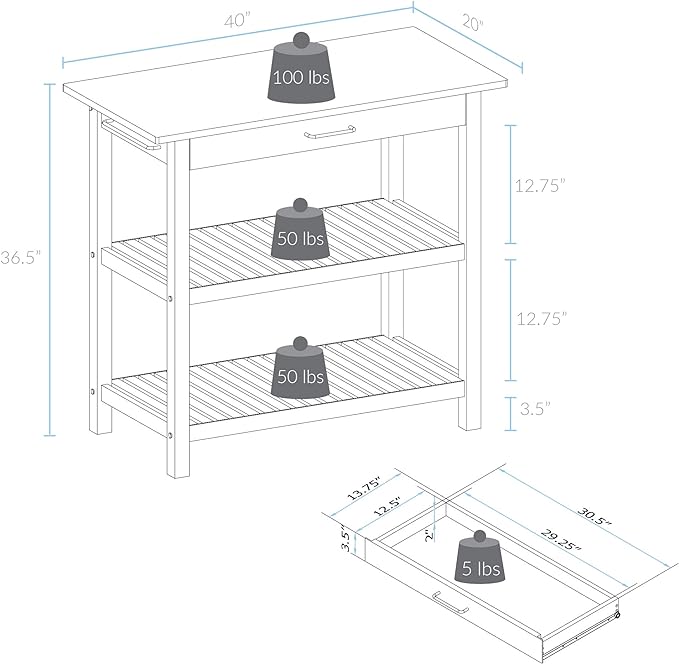 Casual Home Solid Wood Kitchen Island, Natural Maple Top, White Base (New) 40*20*36.5inch - LeafyLoom