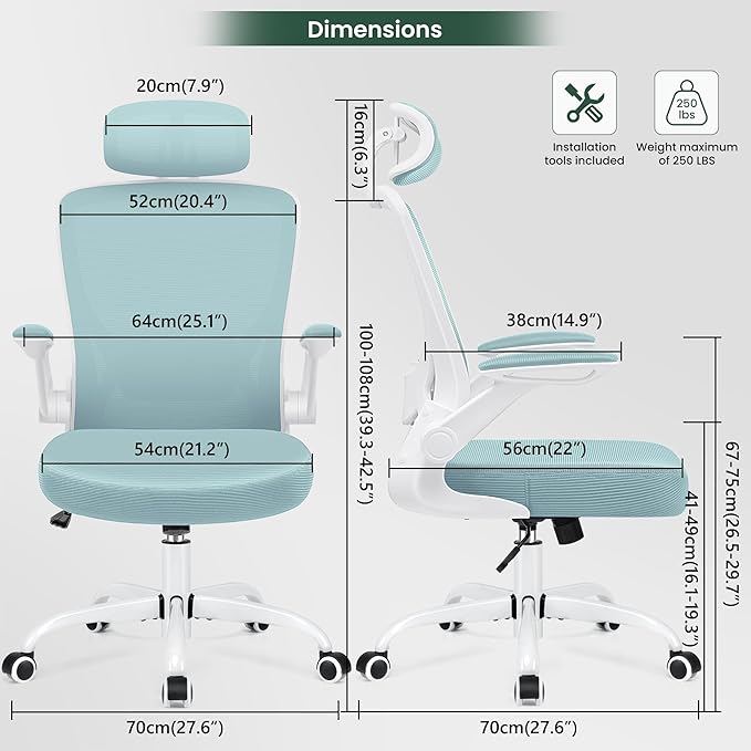 KERDOM Ergonomic Office Chair, Breathable Mesh Desk Chair, Lumbar Support Computer Chair with Headrest and Flip-up Arms, Swivel Task Chair, Adjustable Height Gaming Chair, LightBlue - LeafyLoom