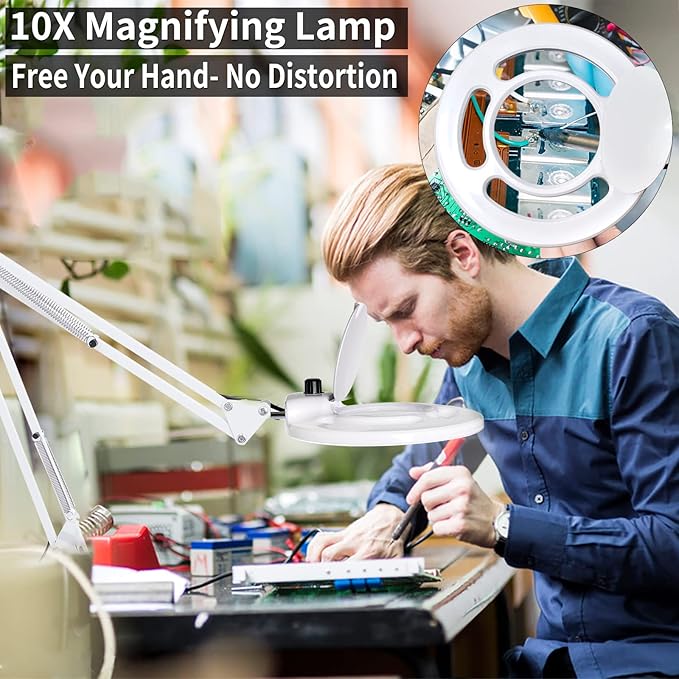 10X Magnifying Glass with Light, KIRKAS 2,200 Lumens LED Magnifying Lamp with Clamp, Stepless Dimmable Real Glass Lens Magnifier, Adjustable Arm Workbench Light for Close Work Hobby Repair - White - LeafyLoom