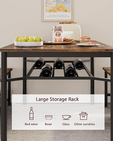 IDEALHOUSE Dining Table Set for 4, Kitchen Table and Chairs for 4 with Storage Bench, Rectangular Kitchen Table Set with Wine Rack, Dining Room Table Set for Small Space, Apartment, Retro Brown - LeafyLoom
