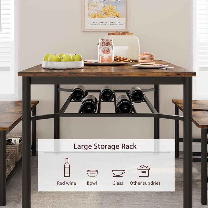 IDEALHOUSE Dining Table Set for 4, Kitchen Table and Chairs for 4 with Storage Bench, Rectangular Kitchen Table Set with Wine Rack, Dining Room Table Set for Small Space, Apartment, Retro Brown - LeafyLoom