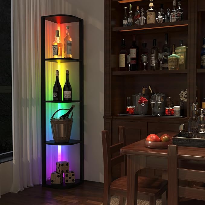 ROJASOP 5 Tiers Corner Shelf with Light Tall Display Shelf for Collectibles Control Multiple Color Lights via APP and Remote Control Floor Lamp with Shelf Supports Dimming for Living Room Bedroom Home - LeafyLoom