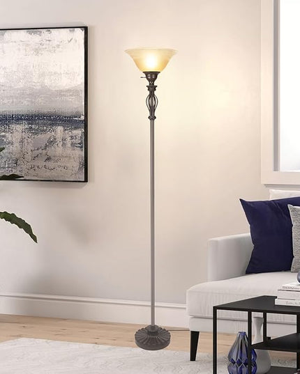 Torchiere Floor Lamps for Living Room & Bedroom – Stand Up Lamp with Corner Floor Lamp Design – Traditional Iron Scroll 70" Tall Alabaster Glass Bowl Shade (Brown) - LeafyLoom