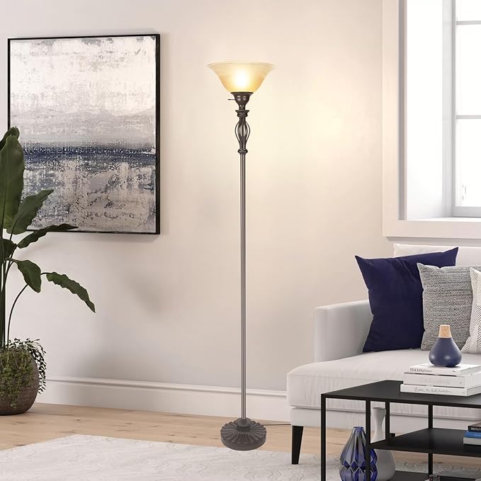 Torchiere Floor Lamps for Living Room & Bedroom – Stand Up Lamp with Corner Floor Lamp Design – Traditional Iron Scroll 70" Tall Alabaster Glass Bowl Shade (Brown) - LeafyLoom