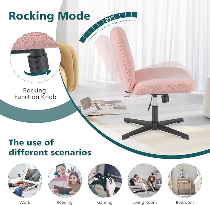 OLIXIS Cross Legged Armless Wide Adjustable Swivel Padded Home Office Desk Chair, Pink - LeafyLoom