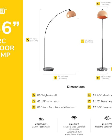 GETINLIGHT 66" Modern Rose Gold Arc Floor Lamp with Metal Shade and Black Marble Base, LED Bulb Included, IN-0806-1-CP - LeafyLoom