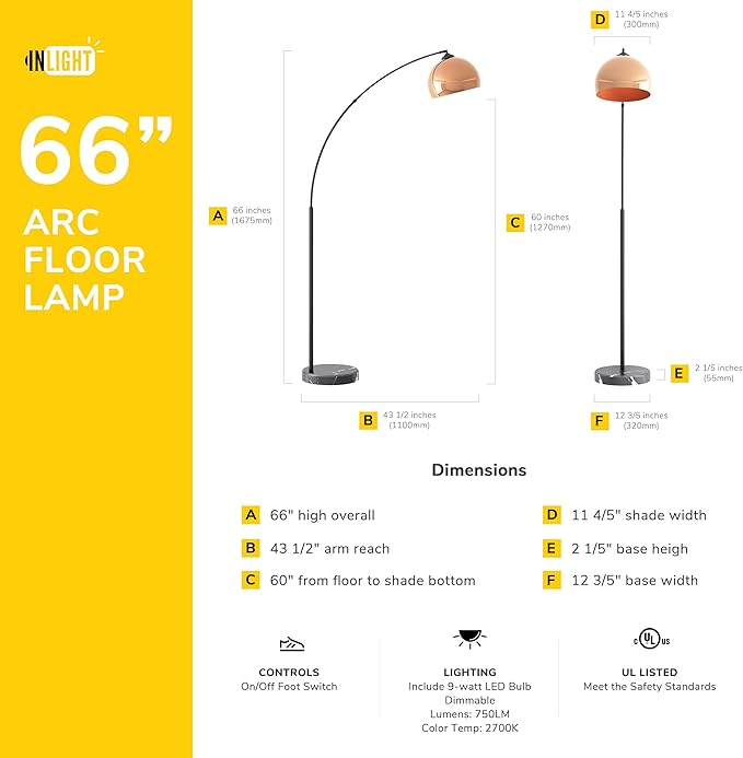 GETINLIGHT 66" Modern Rose Gold Arc Floor Lamp with Metal Shade and Black Marble Base, LED Bulb Included, IN-0806-1-CP - LeafyLoom