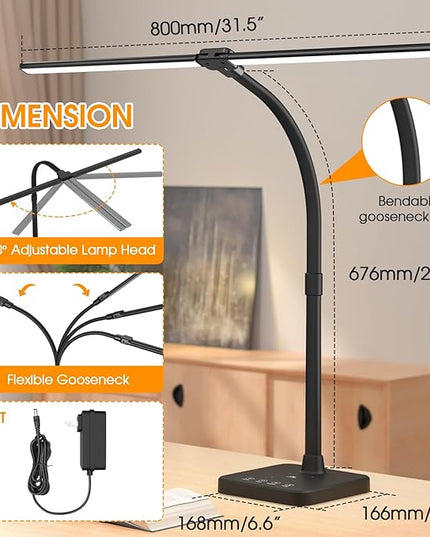 ShineTech LED Desk Lamp for Home Office, 24W Double Head Desk Light with Wireless Charging, USB Port, 25 Lighting Modes Adjustable Gooseneck Lamps - LeafyLoom