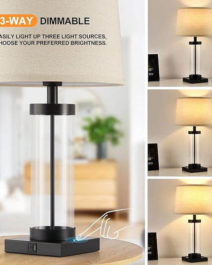 Nightstand Table Lamps for Bedrooms Set of 2 - 3 Way Dimmable Touch Bedside Lamps with USB C+A & Outlets, Black Living Room Lamps with Glass Body for End Tables, Modern Night Stand Lamps for Bedside - LeafyLoom