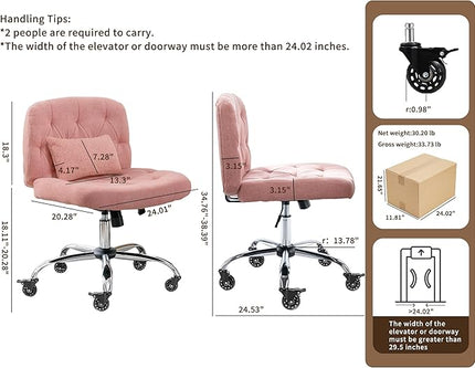 Criss Cross Chair with Wheels, Comfy Fabric Cross Legged Office Chair for Adult, Armless Wide Seat Desk Chair with Lumbar Pillow,Swivel Vanity Chair for Home Office, Conference (Pink) - LeafyLoom