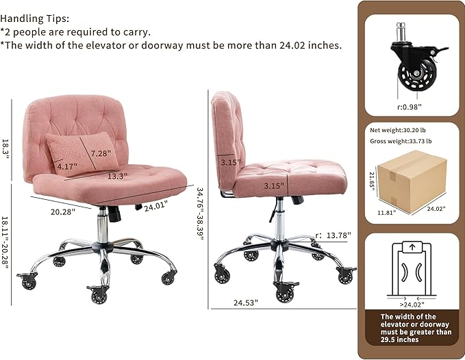 Criss Cross Chair with Wheels, Comfy Fabric Cross Legged Office Chair for Adult, Armless Wide Seat Desk Chair with Lumbar Pillow,Swivel Vanity Chair for Home Office, Conference (Pink) - LeafyLoom