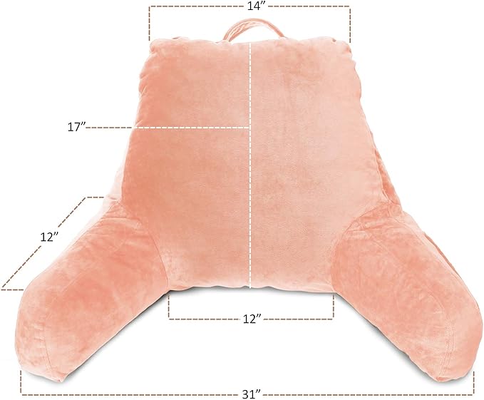 Clara Clark Reading Pillow, Standard Back Pillow for Sitting Up in Bed, Memory Foam Back Support Pillow, Reading Pillows for Sitting in Bed, Peach Sit Up Pillow for Bed Chair Arm Pillow with Pockets - LeafyLoom