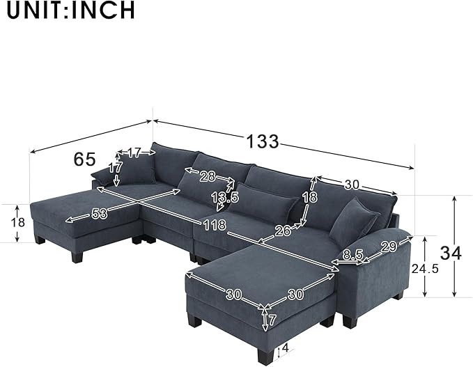 133" Corduroy 6 Seat Freely Combinable Sofa with Armrest Bags,U Shaped Indoor Solid Wood Sectional Couch w/Pillows,for Living Room,Bedroom,Apartment,Office,Lounges,Grey - LeafyLoom