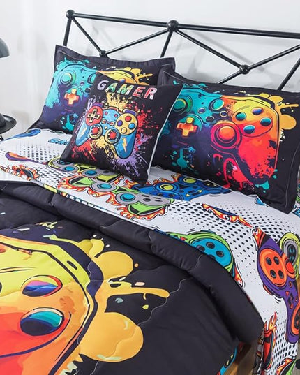 ADASMILE A & S Gamer Comforter Sets for Boys Teens 6 Pieces Gaming Bedding Set Full Size Colorful Video Game Gaming Comforter for Kids Gamer Bed in A Bag Comforter with Gamer Sheets Home Decor - LeafyLoom