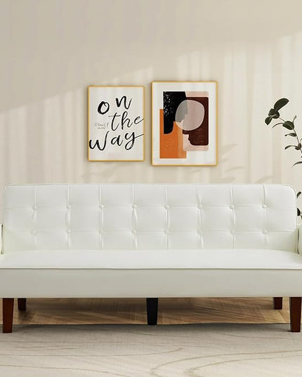 IULULU Futon Sofa Bed, Modern Convertible Faux Leather Sleeper Couch with Armrests for Studio, Office, Apartment, Compact Living, Game Room, Overnight Guests, Retro White - LeafyLoom