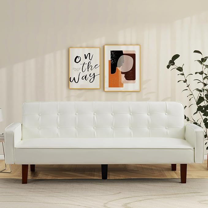 IULULU Futon Sofa Bed, Modern Convertible Faux Leather Sleeper Couch with Armrests for Studio, Office, Apartment, Compact Living, Game Room, Overnight Guests, Retro White - LeafyLoom