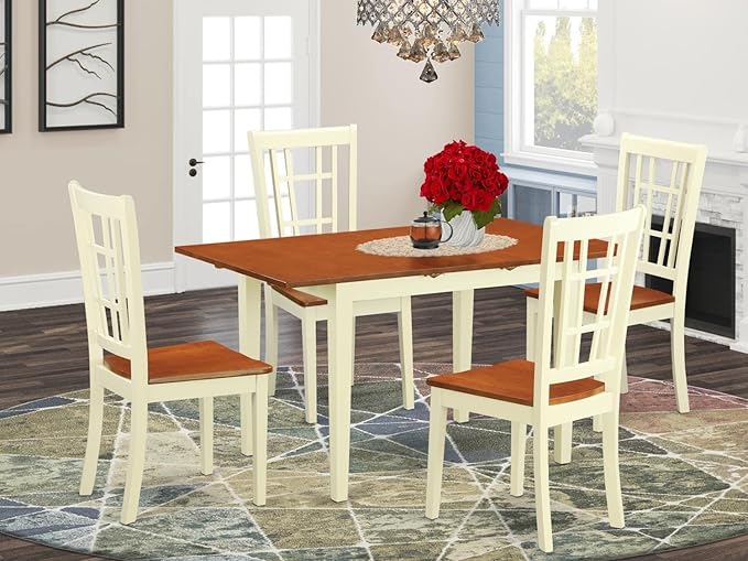 East West Furniture NONI5-WHI-W 5 Piece Kitchen Table Set for 4 Includes a Rectangle Dining Room Table with Butterfly Leaf and 4 Dining Chairs, 32x54 Inch, Buttermilk & Cherry - LeafyLoom