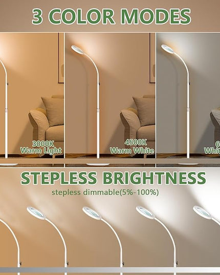 HITTI 10X&15X Floor Magnifying Glass with Light, Flexible Gooseneck Magnifying Floor Lamp, 3 Color Modes Stepless Dimmable Hands Free LED Lighted Magnifier Stand for Close Work Jewellery Esthetican - LeafyLoom