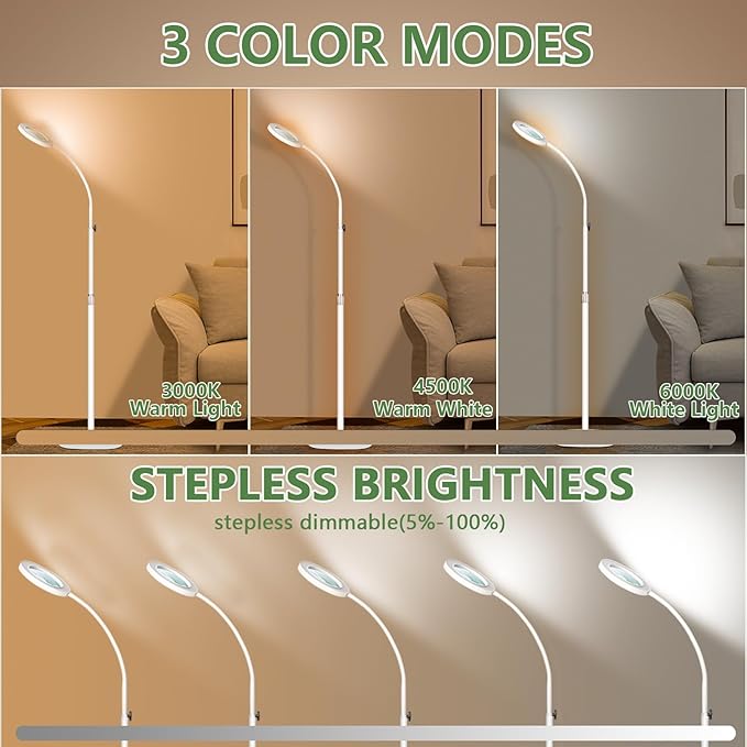 HITTI 10X&15X Floor Magnifying Glass with Light, Flexible Gooseneck Magnifying Floor Lamp, 3 Color Modes Stepless Dimmable Hands Free LED Lighted Magnifier Stand for Close Work Jewellery Esthetican - LeafyLoom