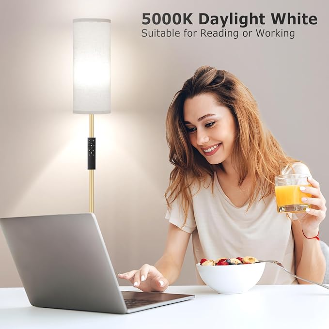 Ambimall 64'' Floor Lamps for Living Room with Remote Control and Stepless Dimmable Colors Temperature & Brightness, 9W Bulb Included(Beige Lampshade & Gold Pole) - LeafyLoom