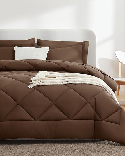 CozyLux Queen Comforter Set with Sheets 7 Pieces Bed in a Bag Brown All Season Bedding Sets with Comforter, Pillow Shams, Flat Sheet, Fitted Sheet and Pillowcases - LeafyLoom