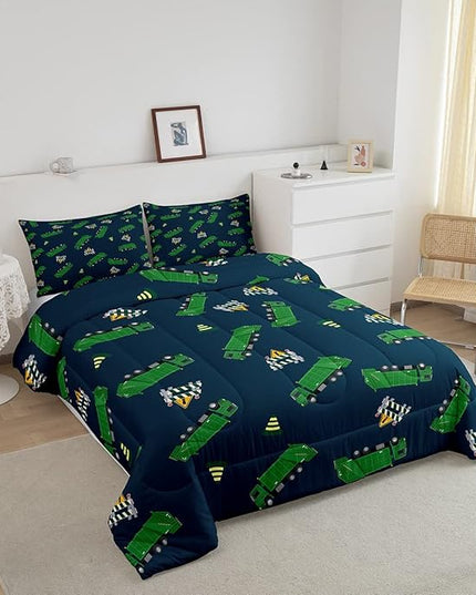 Feelyou Garbage Truck Toy Print Warm Comforter Setfor Kids Boys, Green Garbage Truck Bedding Set Cartoon Equipment Comforter Navy Blue Decor All Season Quilt Room 3Pcs King Size Boys - LeafyLoom