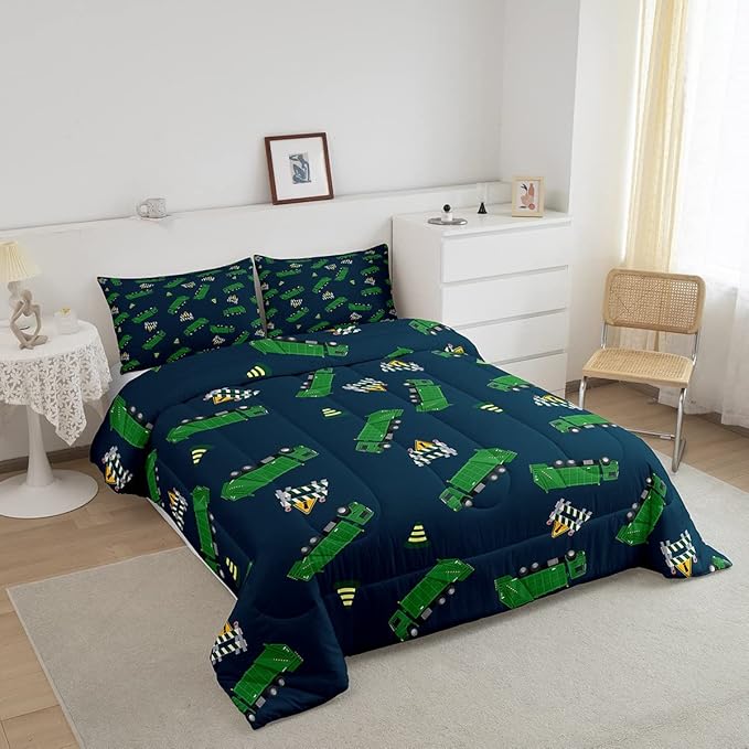Feelyou Garbage Truck Toy Print Warm Comforter Setfor Kids Boys, Green Garbage Truck Bedding Set Cartoon Equipment Comforter Navy Blue Decor All Season Quilt Room 3Pcs King Size Boys - LeafyLoom
