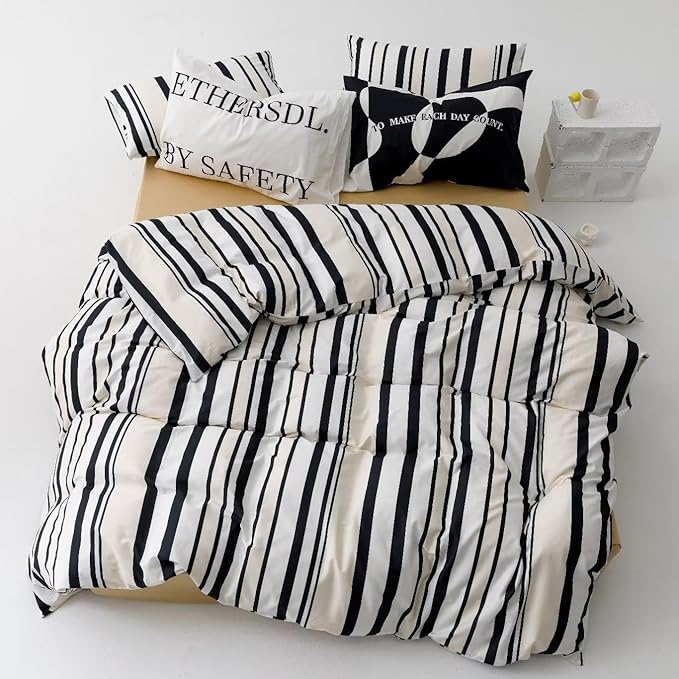 Striped Comforter Set King Black and White Comforter Men Women Modern Chic Stripes Bed Comforters Beige Black Striped King Ticking Bedding Comforter Set All Season Hotel Quality Bed Set - LeafyLoom