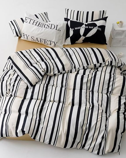 Striped Comforter Set California King Black White Comforter Men Women Modern Chic Stripes Bed Comforter Beige Black Striped Cal King Ticking Bedding Comforter All Season Hotel Quality Bed Set - LeafyLoom