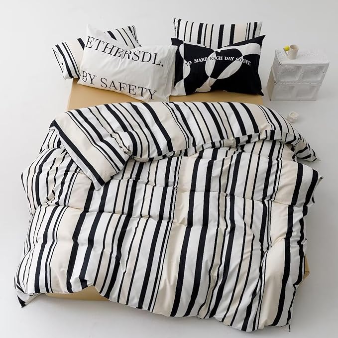 Striped Comforter Set California King Black White Comforter Men Women Modern Chic Stripes Bed Comforter Beige Black Striped Cal King Ticking Bedding Comforter All Season Hotel Quality Bed Set - LeafyLoom
