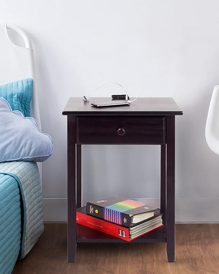 Casual Home Night Owl Nightstand with USB Ports-Espresso - LeafyLoom