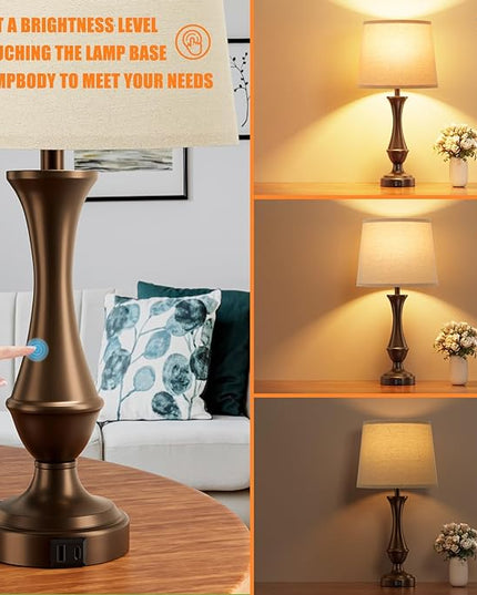 Touch Lamps for Bedrooms Set of 2 - Nightstand Table Lamp with USB C+A, 3 Way Dimmable Bedside Lamps for Living Room End Tables Set of 2, Farmhouse Night Stand Lamps for Bed Side Guest Room(Brown) - LeafyLoom
