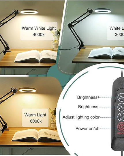 10X Magnifying Glass with Light, Krstlv Real Glass Lens Desk Lamp & Clamp, 3 Color Modes Stepless Dimmable, Hands Free LED Lighted Magnifier with Light and Stand for Reading Crafts Repair Close Works - LeafyLoom