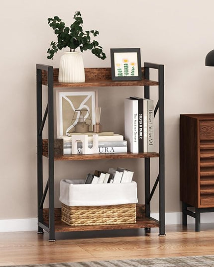 Small Bookshelf for Small Spaces, 3 Tier Bookcase, Narrow Gold Book Shelf, Small Shelf Open Display Rack for Bedroom, Living Room, Home Office,Rustic Brown - LeafyLoom