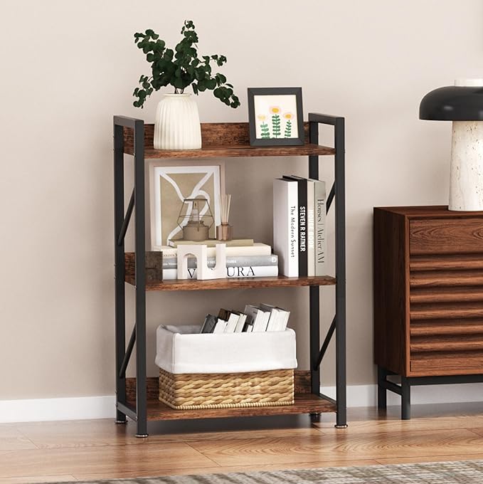 Small Bookshelf for Small Spaces, 3 Tier Bookcase, Narrow Gold Book Shelf, Small Shelf Open Display Rack for Bedroom, Living Room, Home Office,Rustic Brown - LeafyLoom