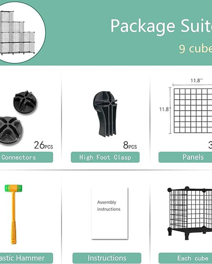 Wolizom Wire Cube Storage, Metal Grids Shelves Bookshelf, Stackable Modular Shelving Organizer, DIY Closet Bookcase Bookshelf, Grid Storage Shelf for Bedroom, Living Room, Office (Black, 9 Cube) - LeafyLoom