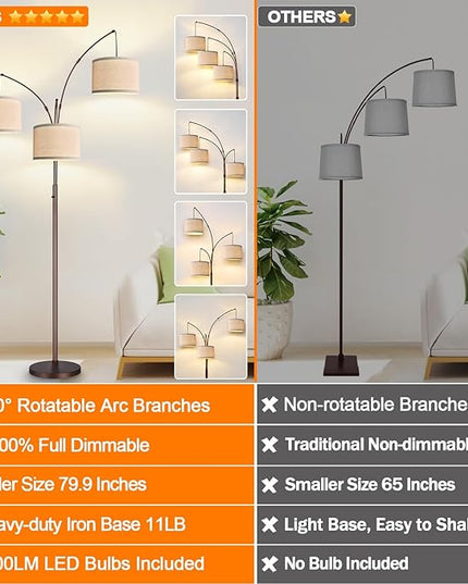 Dimmable Floor Lamp - 3 Lights Arc Floor Lamps for Living Room, 1000LM Modern Tall Standing Lamp With Beige Shades, Mid Century Tree Floor Lamp for Bedroom Office, 3 LED Bulbs Included - Brown - LeafyLoom