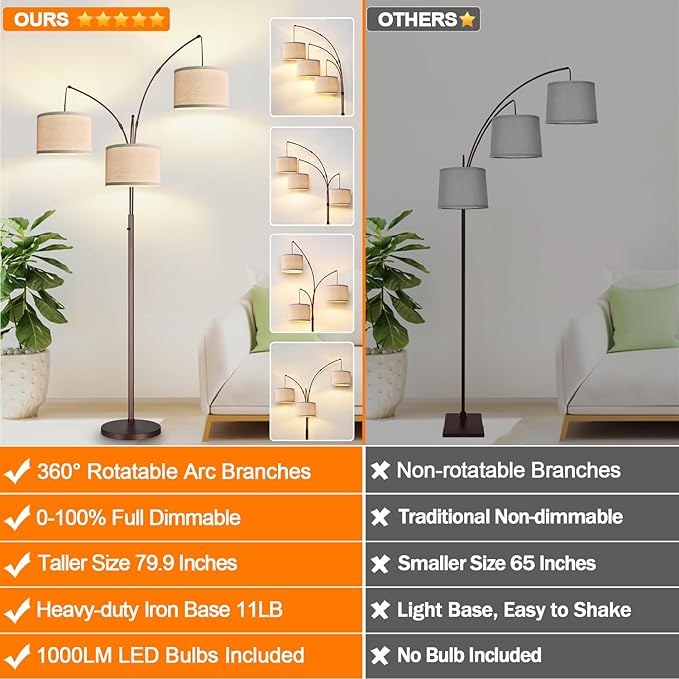 Dimmable Floor Lamp - 3 Lights Arc Floor Lamps for Living Room, 1000LM Modern Tall Standing Lamp With Beige Shades, Mid Century Tree Floor Lamp for Bedroom Office, 3 LED Bulbs Included - Brown - LeafyLoom
