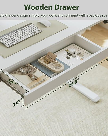 Adjustable Height Electric Standing Desk with Storage Wooden Drawer, 63 x 24 Inches Stand Up Home Office Computer Gaming Table with Splice Board for Work Office Home, White - LeafyLoom
