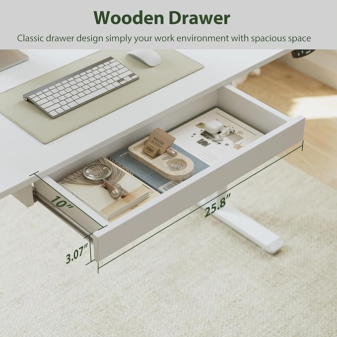 Adjustable Height Electric Standing Desk with Storage Wooden Drawer, 63 x 24 Inches Stand Up Home Office Computer Gaming Table with Splice Board for Work Office Home, White - LeafyLoom