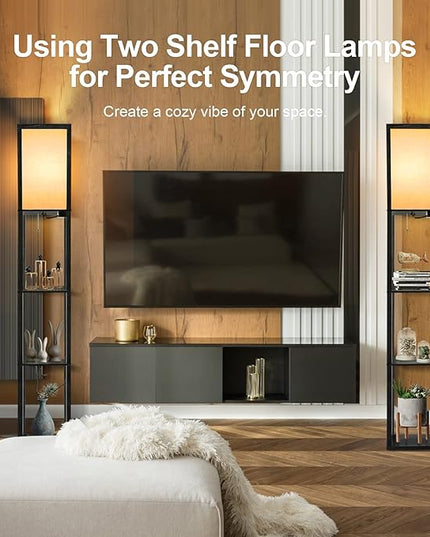 OUTON Floor Lamp with Shelves, Dimmable Shelf Floor Lamp with Remote, 1USB & 1 Type C Ports, 1 Power Outlet, Modern Standing Lamp with 4 Color Temperature for Living Room, Bedroom, Matte Black - LeafyLoom
