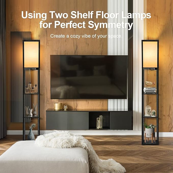 OUTON Floor Lamp with Shelves, Dimmable Shelf Floor Lamp with Remote, 1USB & 1 Type C Ports, 1 Power Outlet, Modern Standing Lamp with 4 Color Temperature for Living Room, Bedroom, Matte Black - LeafyLoom