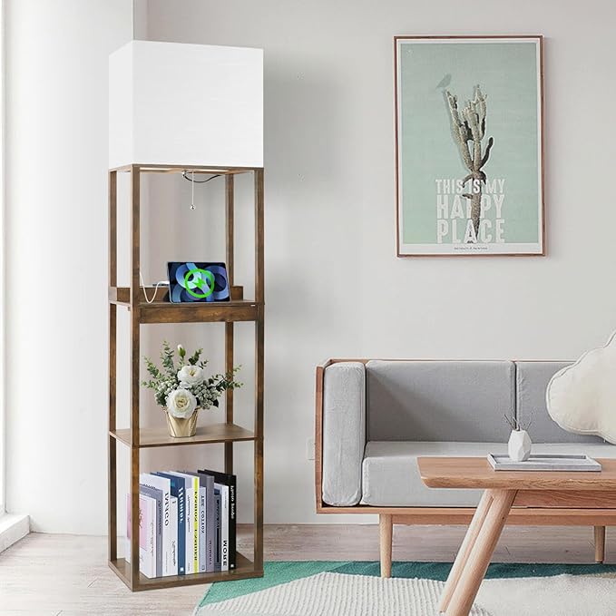 Dott Arts Floor Lamp with Shelves, wide Shelf Lamp with Wireless Charger & USB A+C Ports & 2 AC Outlets,3 Color Temperature Corner Tall Standing Floor Lamps for Living Room, Bedroom, Office (Brown) - LeafyLoom